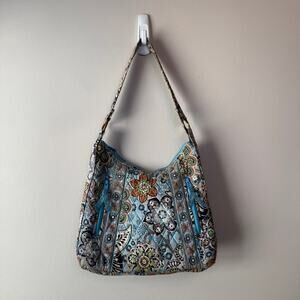 Vera Bradley Bali Blue Floral Print Zip Shoulder Hobo Bag Purse